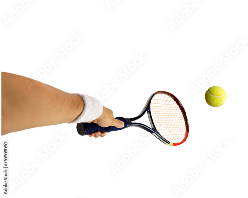 Close-up of hand holding a tennis racket hitting a ball isolated on white background