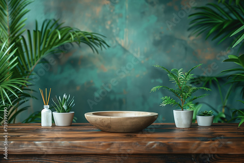 A minimalist still life scene with a wooden bowl and potted plants on a table, against a textured teal wall with tropical vibes. © Александр Марченко