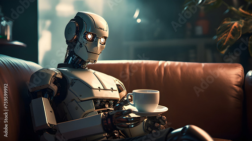 A humanoid robot is sitting on a leather sofa with a cup of coffee in his hands. Concept of future technologies and artificial intelligence