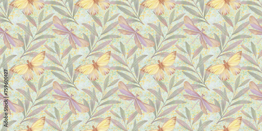 abstract background for design of wallpaper, print and packaging, endless ornament of butterflies and dragonflies and leaves, seamless botanical pattern drawn in watercolors by hand. abstract background for design of wallpaper, print and packaging, endless ornament of butterflies and dragonflies and leaves, seamless botanical pattern drawn in watercolors by hand.