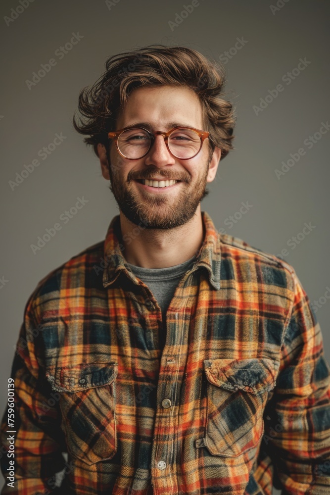 Obraz premium Handsome smiling, happy and pleased stoic man with positive vibes. Portrait of a joyful young man with beautiful hair and fashionable clothes.