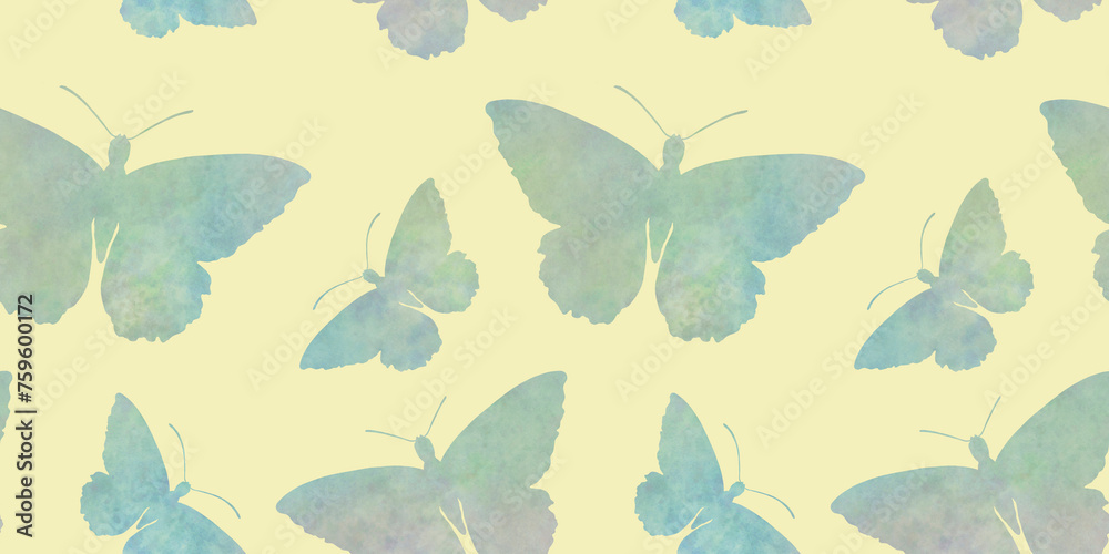 Abstract watercolor pattern, butterflies endless ornament, background for design, seamless pattern of bright flying butterflies, colorful hand drawn illustration for wallpaper, packaging and print