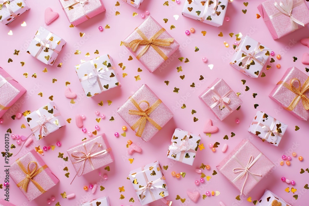 Fototapeta premium Gift boxes and confetti on pink background. Flat lay, top view.