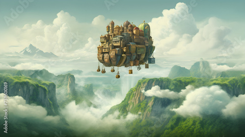 Buildings rise into the air above great mountains, floating among the clouds. photo