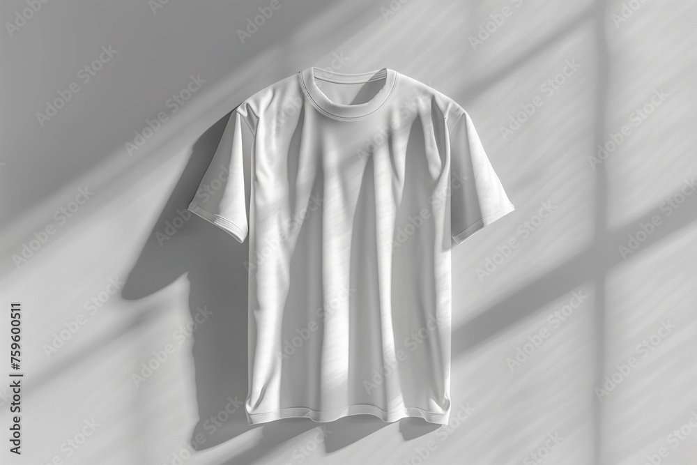 3d render of a blank t-shirt mockup with a soft shadow on a light grey backdrop. 3d render of a blank t-shirt mockup with a soft shadow on a light grey backdrop.