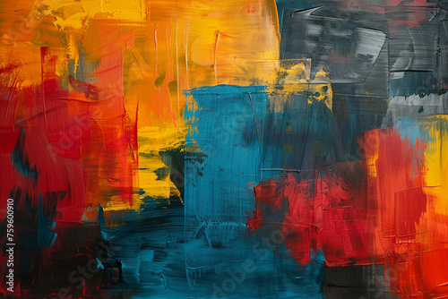 Color blocking in abstract painting, bold reds and blues, artistic interplay of color and form.
