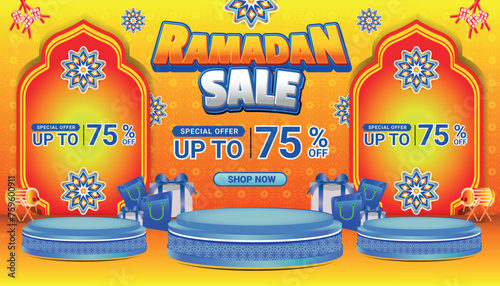 Banner Ramadan mubarak sale orange blue 3d text editable social media background 2