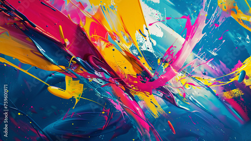 Vivid abstract paint splash, dynamic fluid shapes and splatter, expression of movement and color.