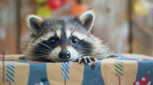 Bashful raccoon peeking out from behind a birthday present.