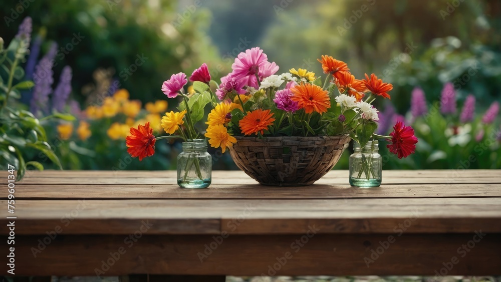 Obraz premium Flowers in the garden, Flowers on a table, Flowers in the mountains, Empty wood table top on blur abstract green from the garden. For the montage product display, a wooden table with a garden