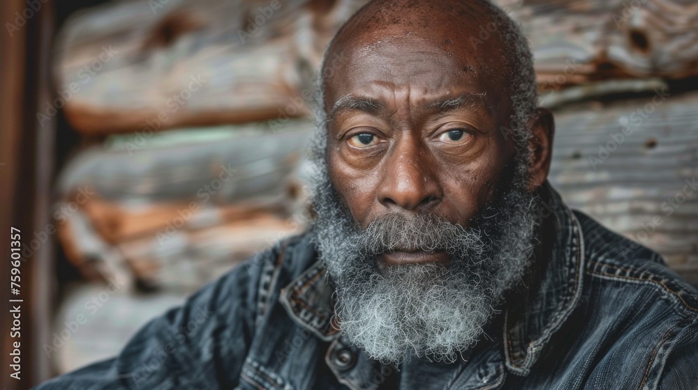 Close-up portrait of bald and bearded african american senior man in log cabin
