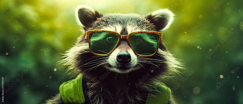 Funny raccoon in green sunglasses showing a rock ..
