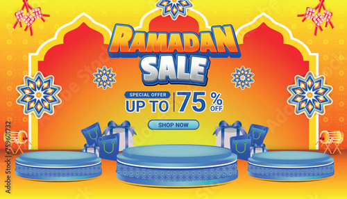 Banner Ramadan mubarak sale orange blue 3d text editable social media background 6