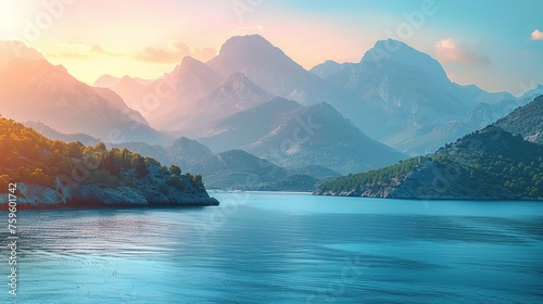 sea in the evening sunlight over beautiful big mountains background, luxury summer adventure