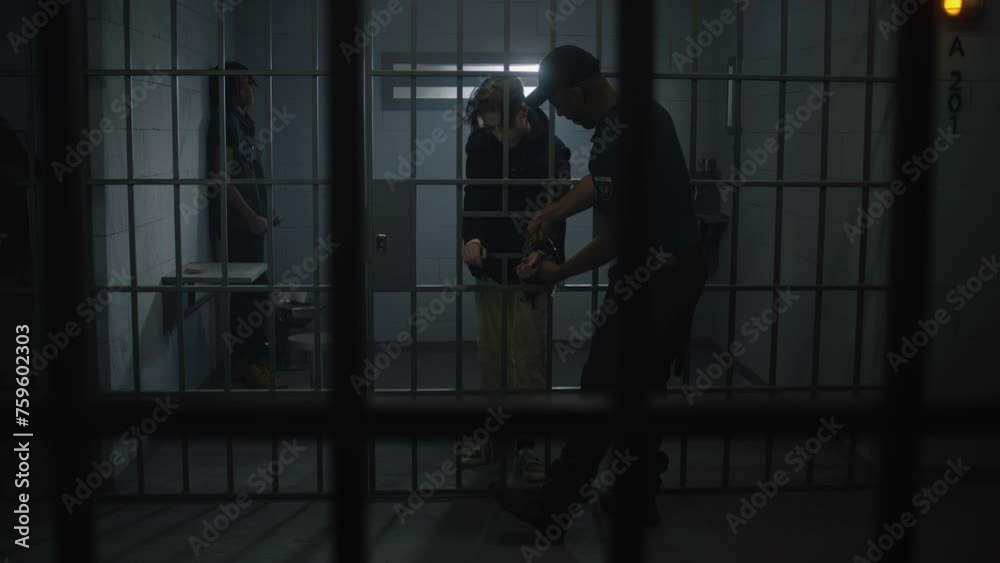 Warden takes off handcuffs from young prisoner standing behind metal bars. Multi ethnic teenagers serve imprisonment term in correctional facility or detention center. Guilty inmates in prison cells.