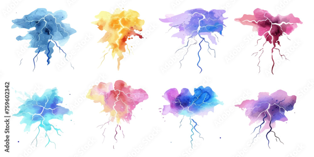 Set of watercolor lightning bolts on white background.