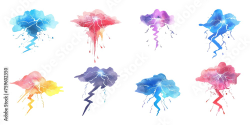 Set of watercolor lightning bolts on white background.