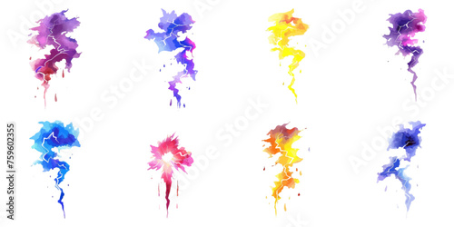 Set of watercolor lightning bolts on white background.