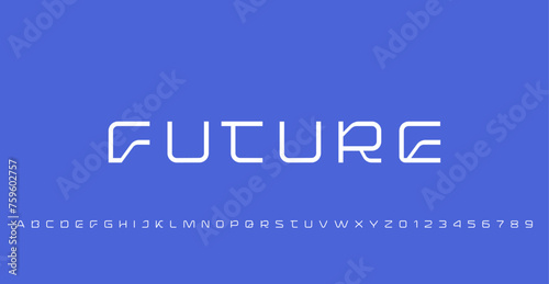 Technical future font, digital cyber alphabet, trendy uppercase letters A, B, C, D, E, F, G, H, I, J, K, L, M, N, O, P, Q, R, S, T, U, V, W, X, Y, Z and numerals 0, 1, 2, 3, 4, 5, 6, 7, 8, 9