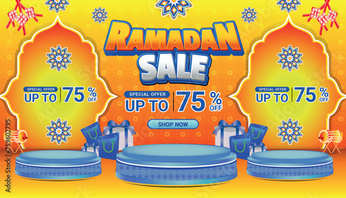 Banner Ramadan mubarak sale orange blue 3d text editable social media background 9