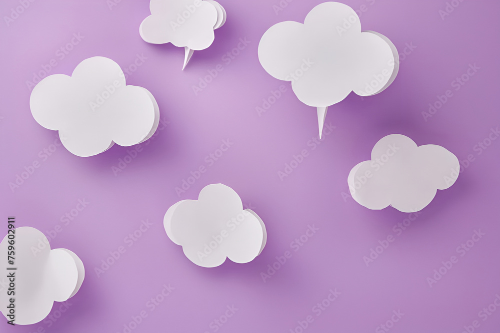 white cloud paper speech balloon on purple background design, paper clouds, minimalism concept background
