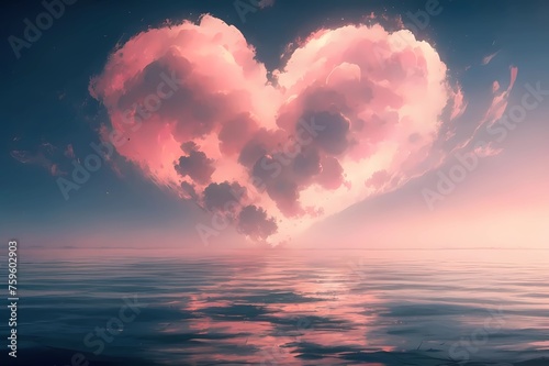 A tranquil sea at dawn, with a heart-shaped cloud floating overhead, imbued with soft pink hues. Artistic love concept illustration.