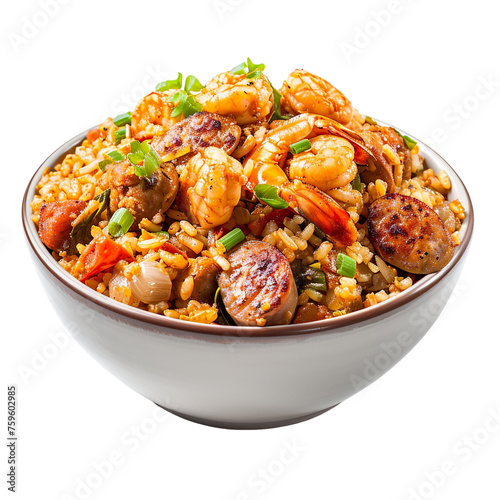  front view of scrumptious Cajun Jambalaya with a mix of rice, sausage, and seafood, food photography style isolated on a white transparent background.