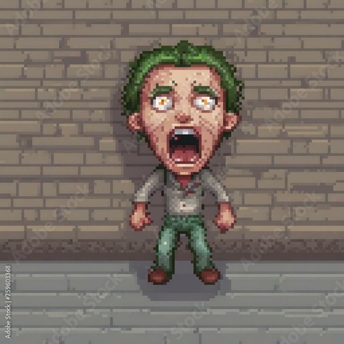 pixel art of a lunatic in an asylum, screaming, cross eyed photo