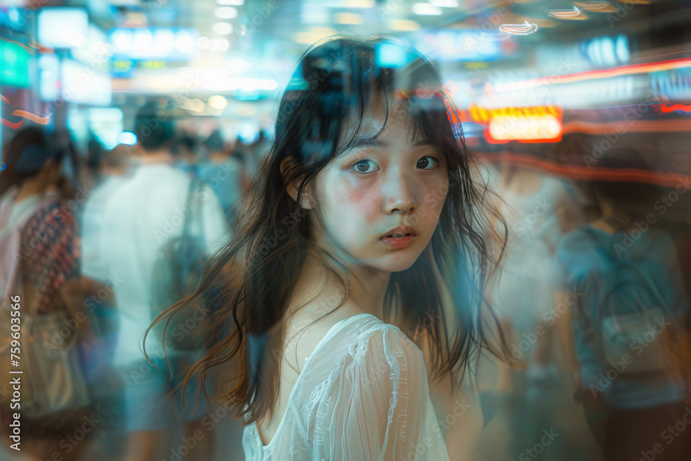 A young Asian girl standing in a moving crowd with a worried facial expression, anxiety concept A young Asian girl standing in a moving crowd with a worried facial expression, anxiety concept