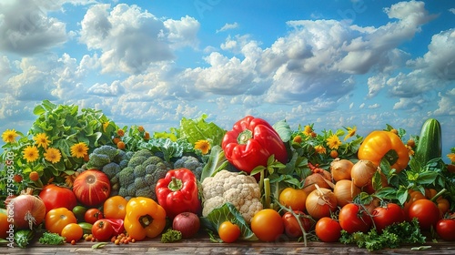 Vegetables and fruits under blue sky
