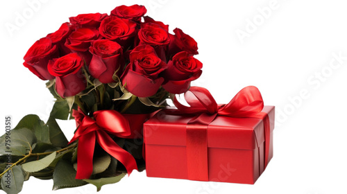 bouquet of red roses with lush green leaves paired with a red gift box tied with a satin ribbon  essence of romance and celebration  perfect for occasions like Valentine s Day  anniversaries  or love