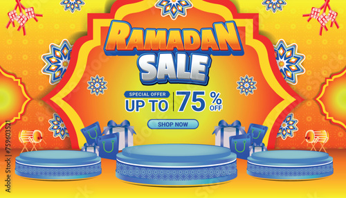 Banner Ramadan mubarak sale orange blue 3d text editable social media background 10