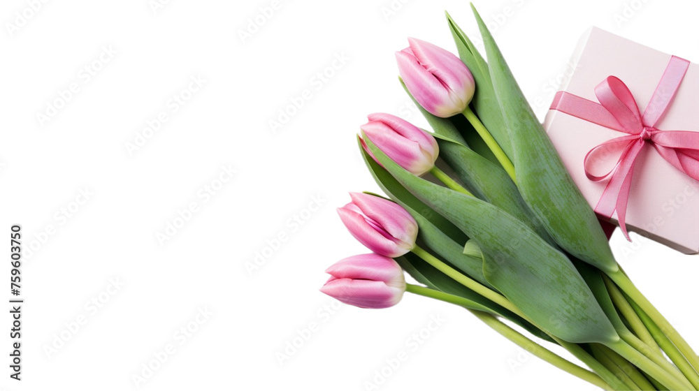A bunch of pink tulips paired with a matching gift box tied with a pink ribbon, presenting a charming and thoughtful gift combination, isolated against a white background. A bunch of pink tulips paired with a matching gift box tied with a pink ribbon, presenting a charming and thoughtful gift combination, isolated against a white background.