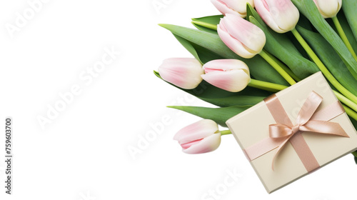 Pink tulips gracefully extend over a pale pink gift box with a satin ribbon, creating a composition that embodies elegance and the joy of giving, against a white background. © Halyna