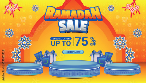 Banner Ramadan mubarak sale orange blue 3d text editable social media background