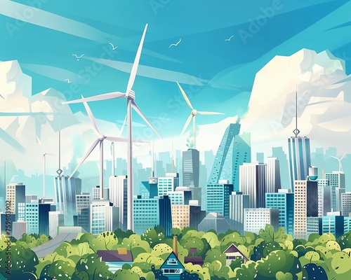 Wind turbines towering over a smart city