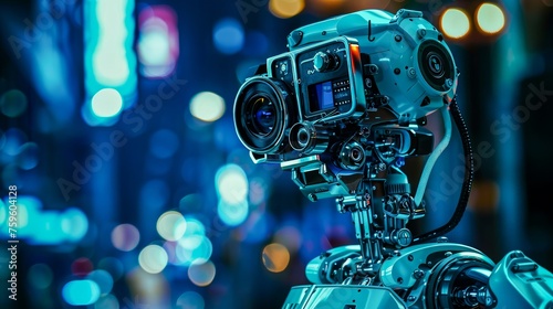 An image of a modern robot with a camera for a head against a bokeh light city backdrop