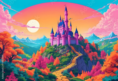 A fantasy landscape featuring a majestic castle on a hill, surrounded by a magical forest, Princess Castle Magic Pink Castle in the clouds Fairy City Illustration 
