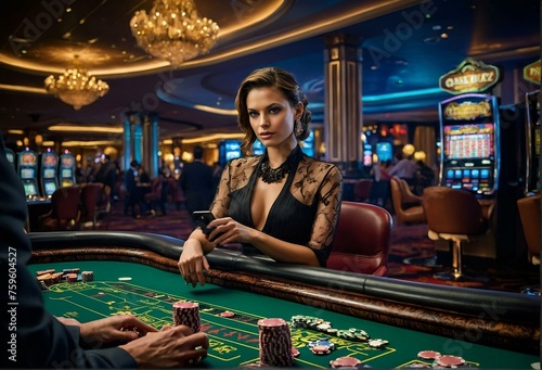 Portrait of a Beautiful Girl gambles at the gambling casino. Addiction to the playing roulette