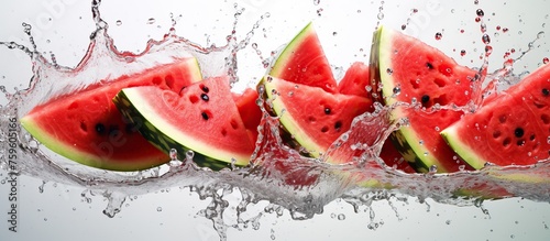 Water splashes and slices of watermelon on a white background