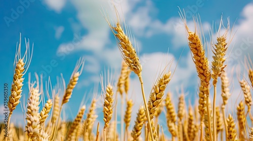 A vivid image capturing ripe grain wheat and golden spikelets against a blue backdrop  illustrating the beauty of Ukrainian agriculture amid challenges like port blockades.