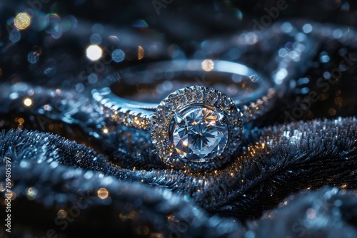 A stunning close-up shot of a ring sparkling brilliantly against a plush, dark velvet backdrop. The image perfectly captures the radiance and luxury associated with high-end jewelry
