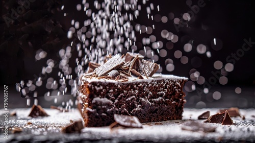 Delectable chocolate cake dusted with powdered sugar against a dark backdrop with bokeh lights