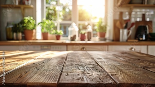 Wood table top on blur kitchen window background