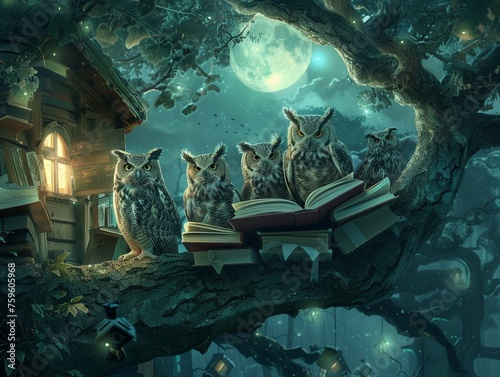 A group of owls running a night school photo