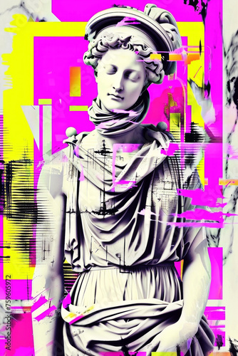 Contemporary art collage with antique statue head in a surreal style.