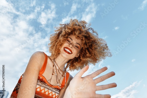 Smiling Woman on Beach, Embracing Freedom and Joy of Hippie Lifestyle