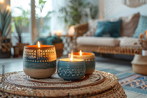 Cozy living room interior design, burning candles on a coffee rable, boho hygge concept photo