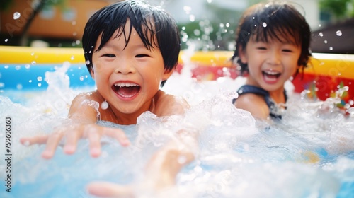 プールで水遊びをする子供、元気な夏の日本人の男の子 photo