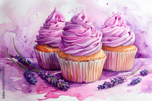 Lavender cupcake, realistic watercolor drawing of lavender cupcake, beautiful decoration